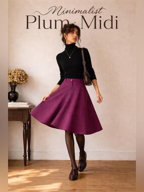 Vintage Plum Midi Skirt A-Line Bias Cut Minimalist Office Chic Small Purple